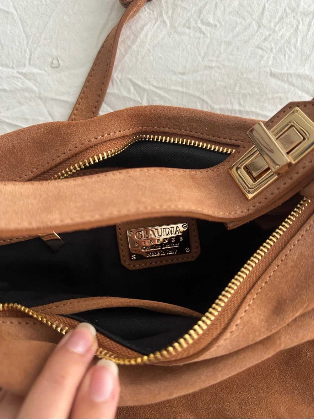 Claudia Canova genuine leather Brown Suede Shoulder Bag with Gold Hardware